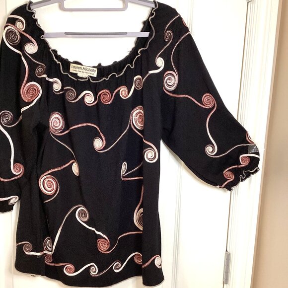 Lauren Michelle Women's Black Embroidery Top Blouse Off-The-Shoulder 3/4 Sleeve - Picture 2 of 6